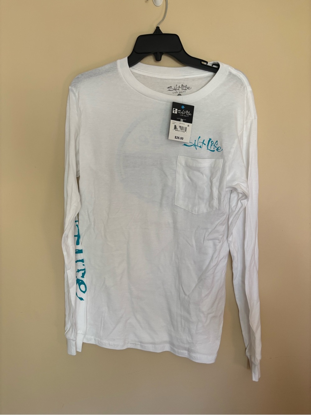 Salt Life White Long-Sleeve Pocket Tee with Teal Logo